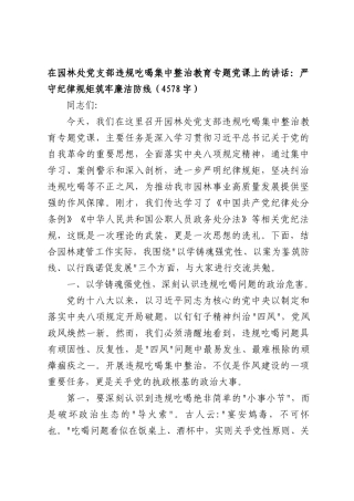 在园林处党支部违规吃喝集中整治教育专题党课上的讲话：严守纪律规矩筑牢廉洁防线（4578字）.docx