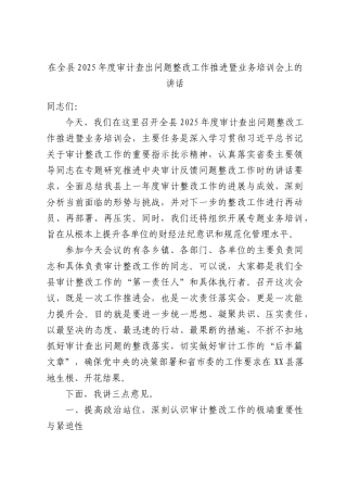 在全XX2025年度审计查出问题整改工作推进暨业务培训会上的讲话.docx