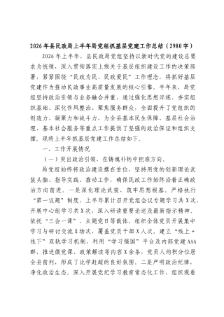 2026年县民政局上半年局党组抓基层党建工作总结（2980字）.docx