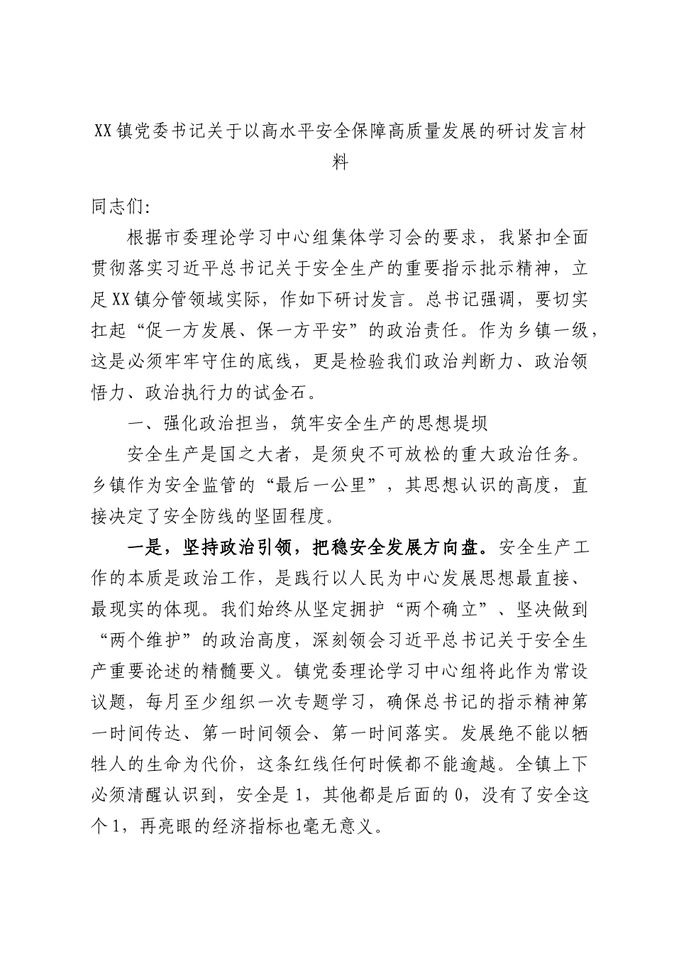 XX镇党委书记关于以高水平安全保障高质量发展的研讨发言材料.docx_第1页