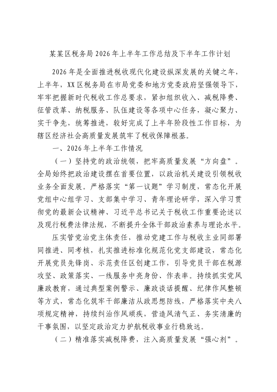 某某税务2026年上半年工作总结及下半年工作计划.docx_第1页