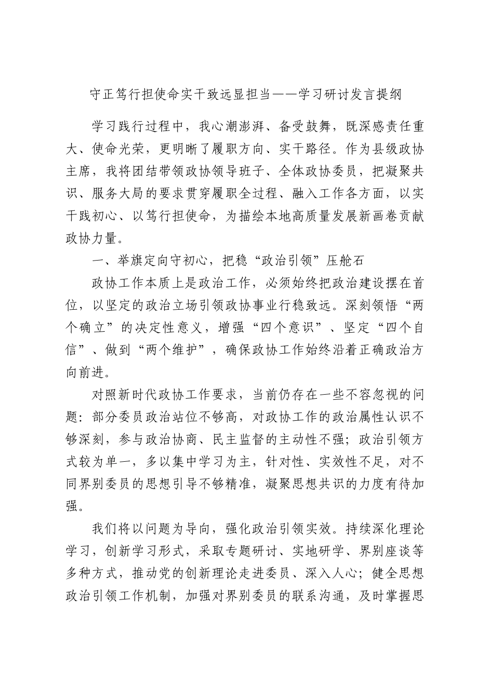 守正笃行担使命实干致远显担当——学习研讨发言提纲.docx_第1页