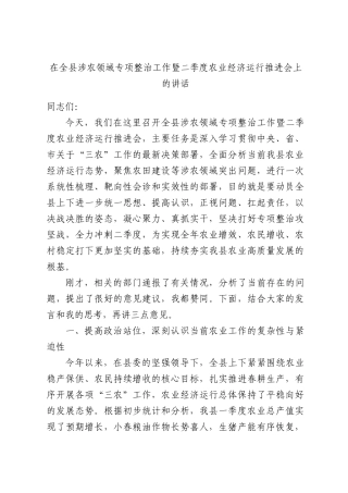 在全县涉农领域专项整治工作暨二季度农业经济运行推进会上的讲话.docx