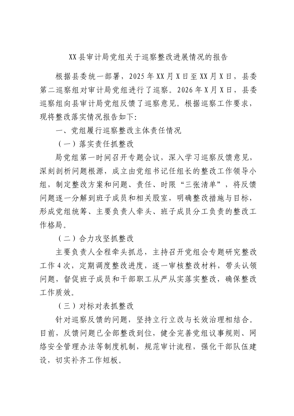 XX县审计局党组关于巡察整改进展情况的报告.docx_第1页