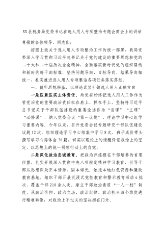 XX县税务局党委书记在选人用人专项整治专题会商会上的讲话.docx