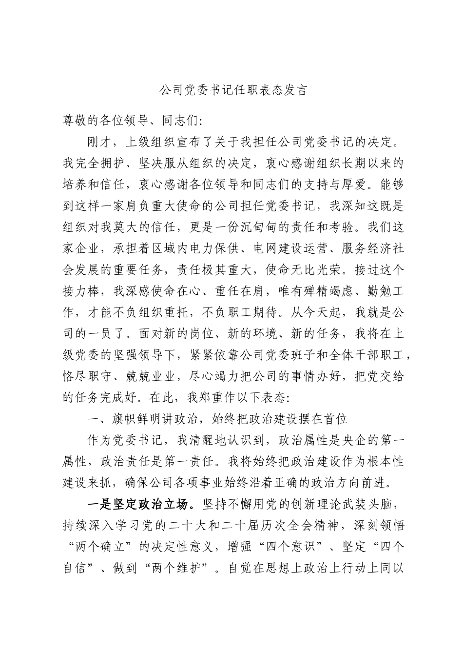 公司党委书记任职表态发言.docx_第1页
