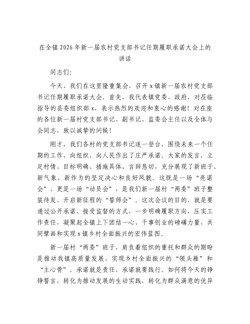 乡镇2026年新一届农村党支部书记任期履职承诺大会上的讲话.docx_第1页