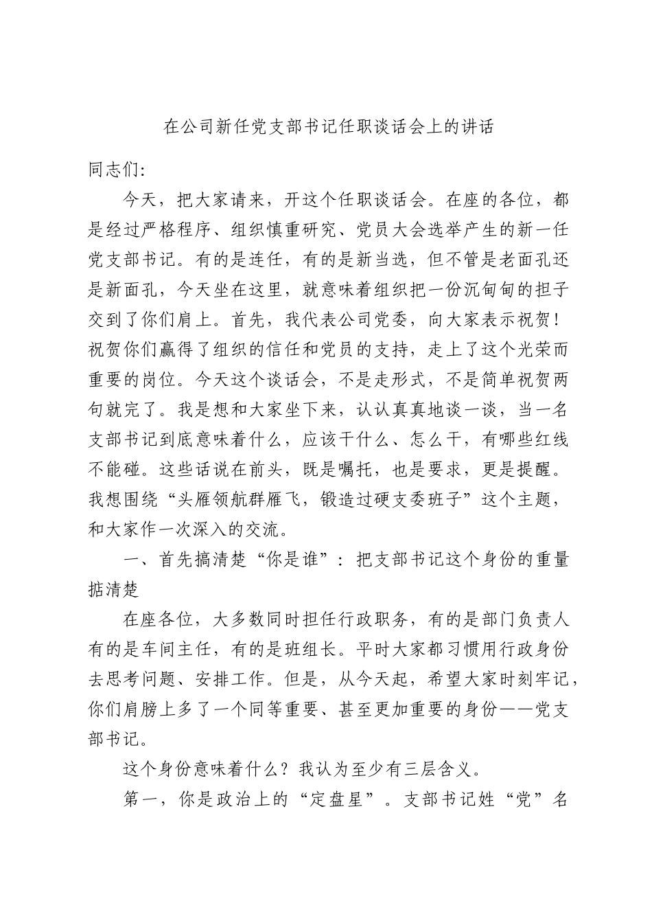 在公司新任党支部书记任职谈话会上的讲话.docx_第1页