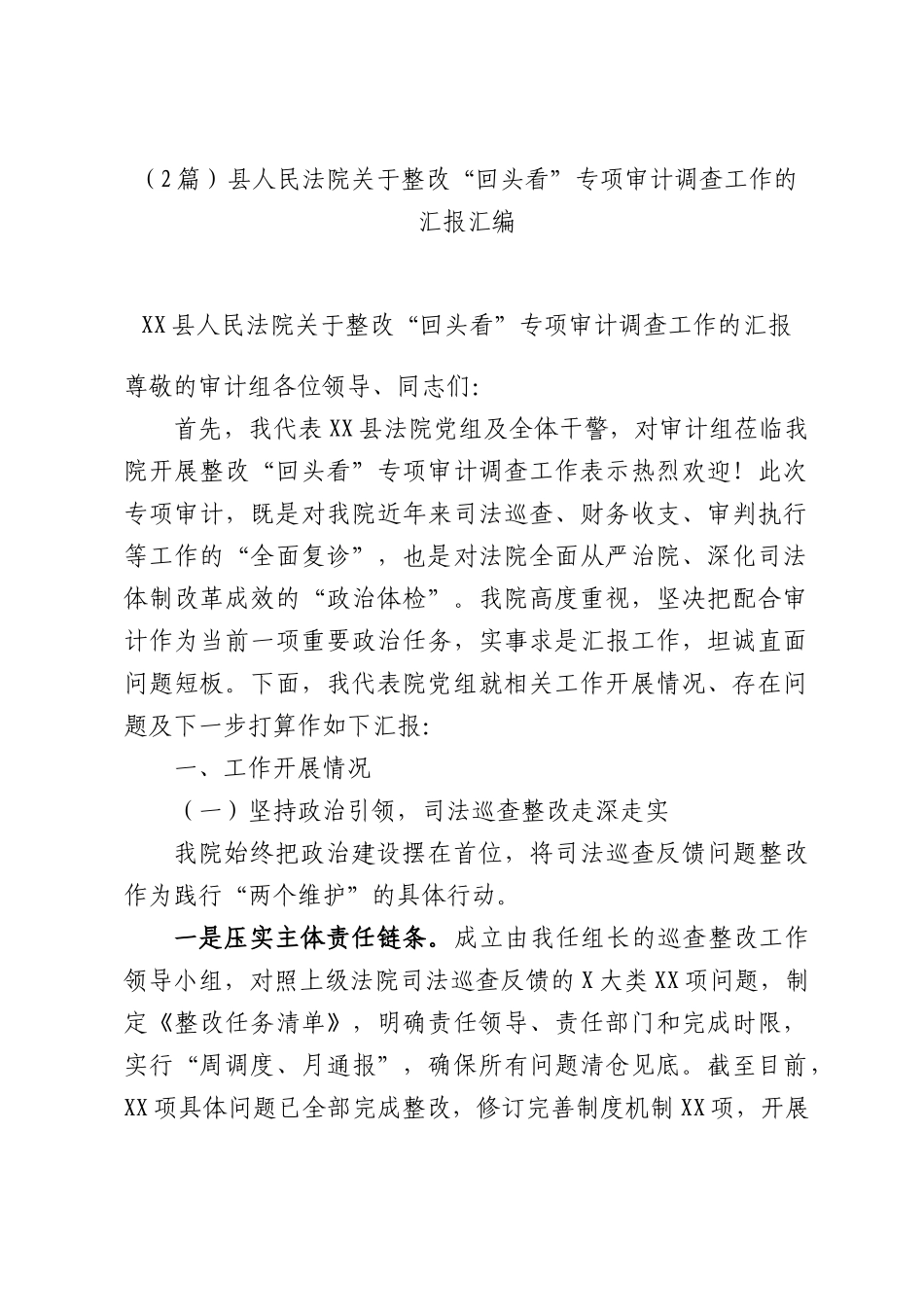 （2篇）县人民法院关于整改“回头看”专项审计调查工作的汇报汇编.docx_第1页