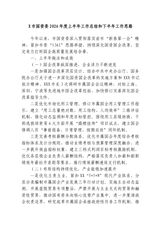 X市国资委2026年度上半年工作总结和下半年工作思路.doc