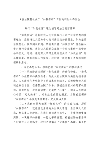 X县法院院长关于“如我在诉”工作的研讨心得体会.docx