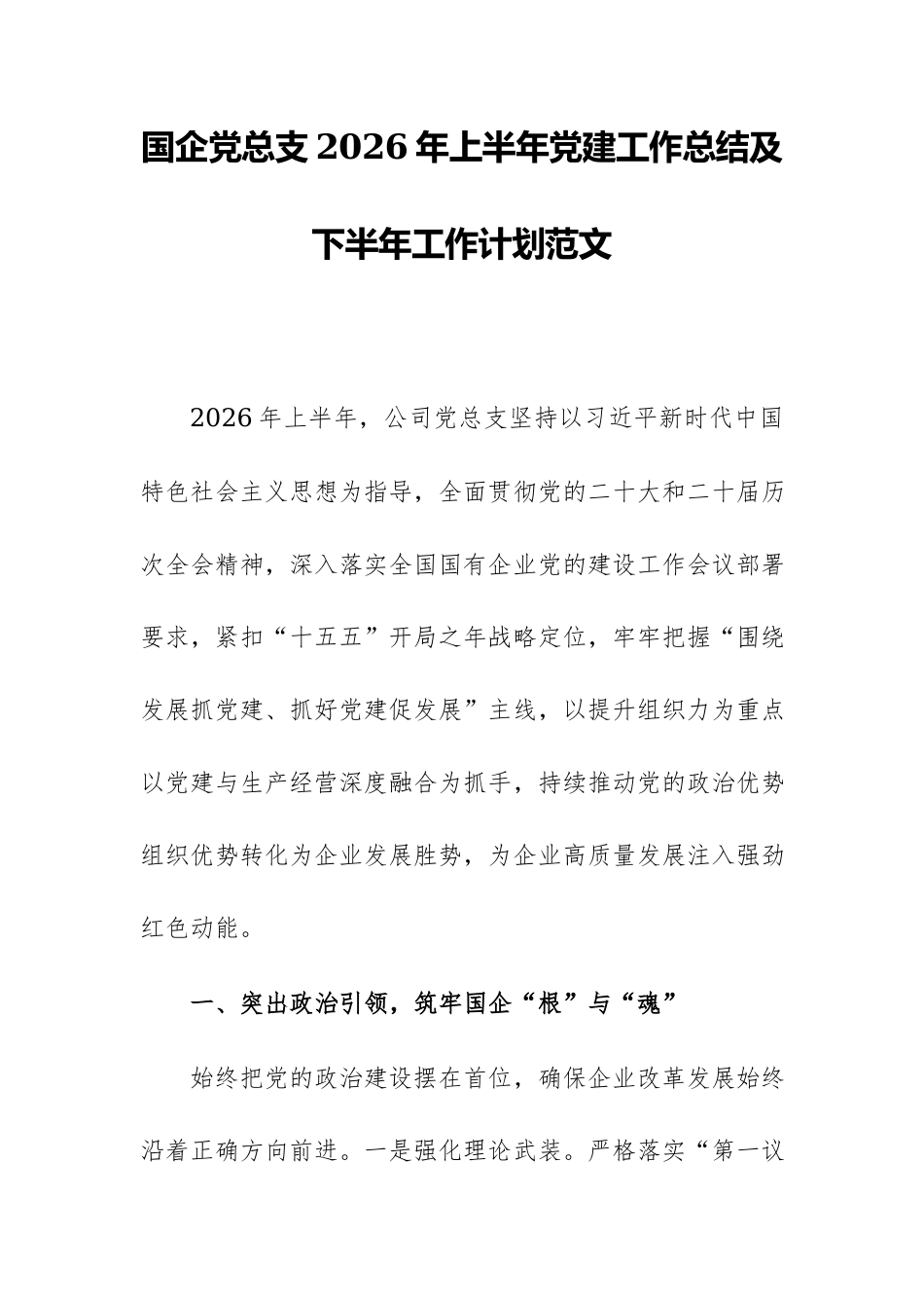 国企党总支2026年上半年党建工作总结及下半年工作计划范文.docx_第1页