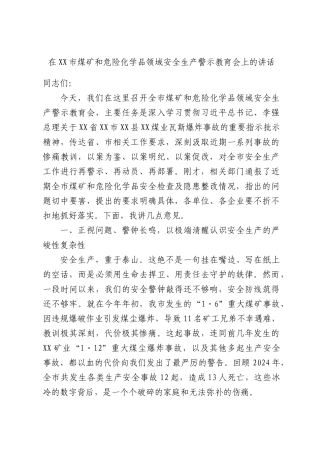 在XX市煤矿和危险化学品领域安全生产警示教育会上的讲话.docx