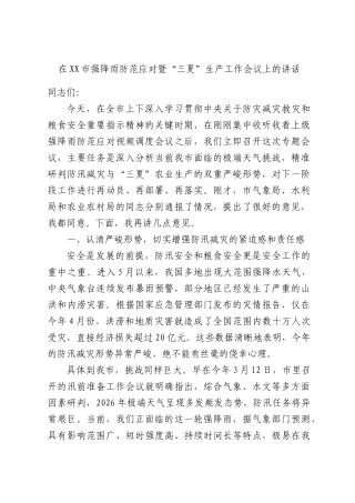 在XX市强降雨防范应对暨“三夏”生产工作会议上的讲话.docx