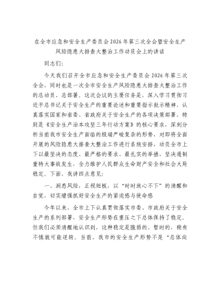 在全市应急和安全生产委员会2026年第三次全会暨安全生产风险隐患大排查大整治工作动员会上的讲话.docx