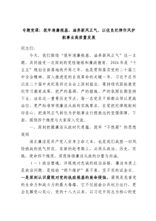 专题党课：筑牢清廉根基，涵养新风正气，以优良纪律作风护航事业高质量发展.docx
