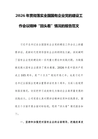2026年贯彻落实全国国有企业党的建设工作会议精神“回头看”情况的报告范文.docx