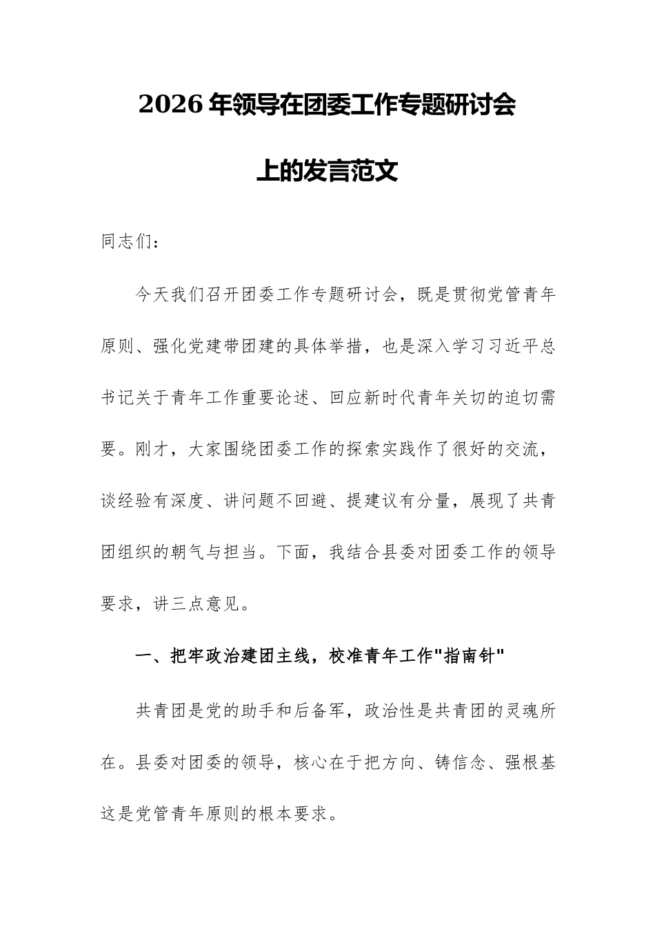 2026年领导在团委工作专题研讨会上的发言范文.docx_第1页