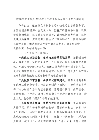 XX镇纪委监察办2026年上半年工作总结及下半年工作计划.docx