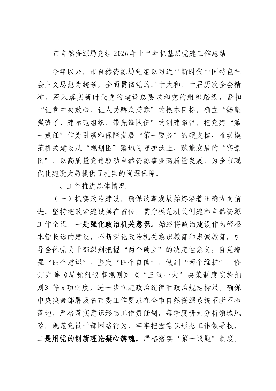 市自然资源局党组2026年上半年抓基层党建工作总结.docx_第1页