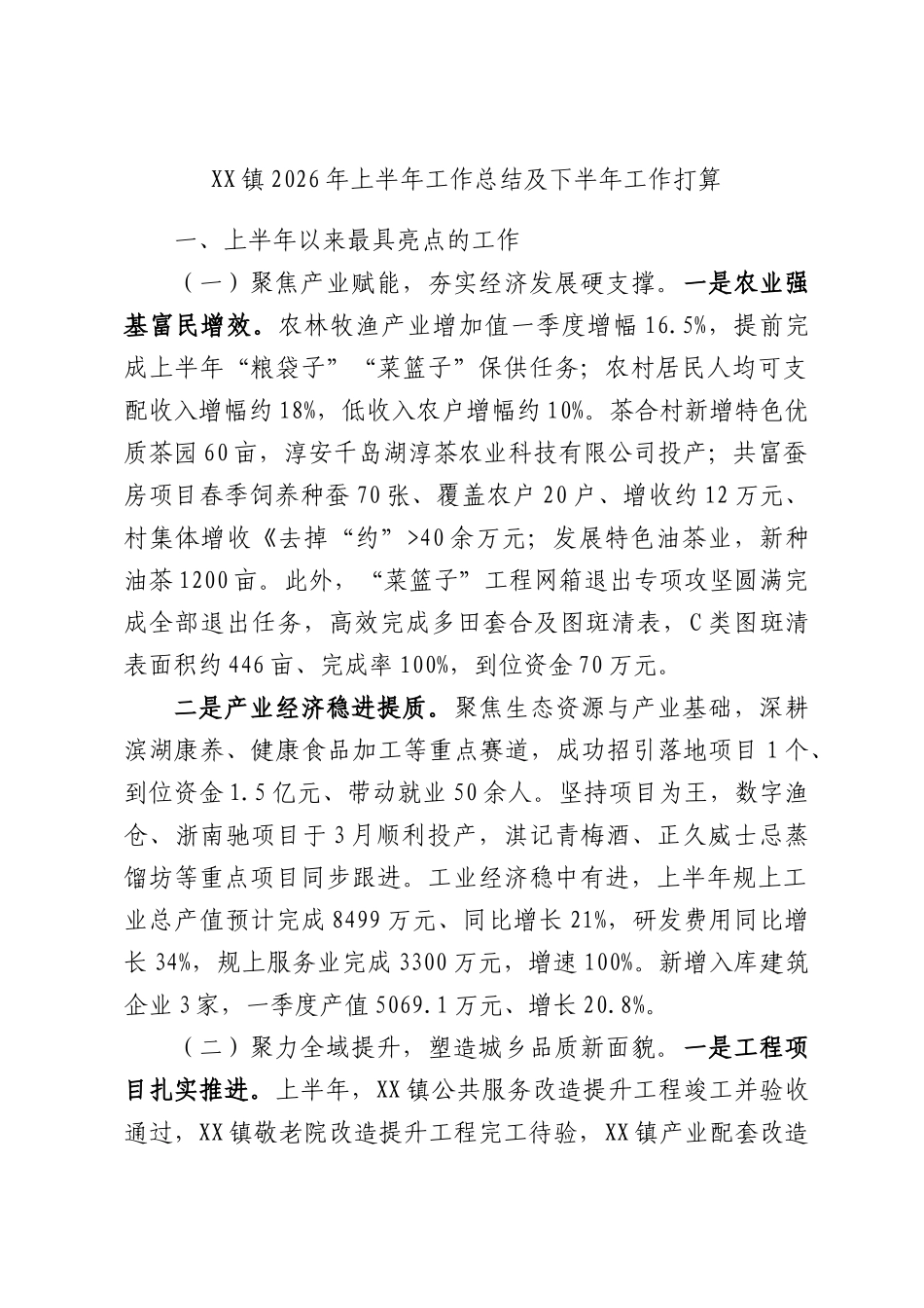XX镇2026年上半年工作总结及下半年工作打算.docx_第1页