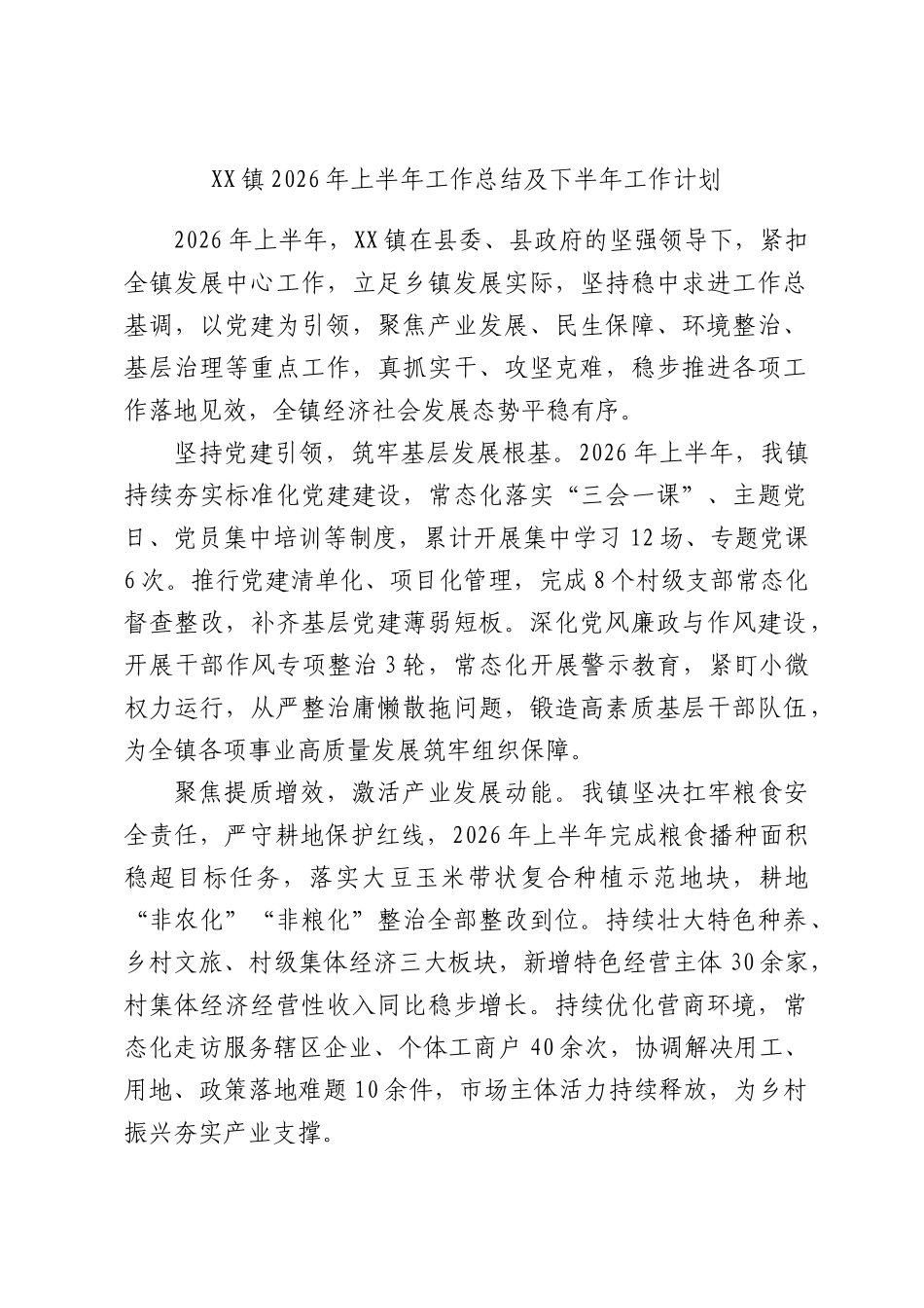 XX镇2026年上半年工作总结及下半年工作计划.docx_第1页