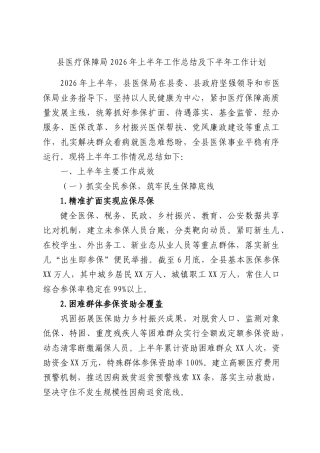 县医疗保障局2026年上半年工作总结及下半年工作计划.docx