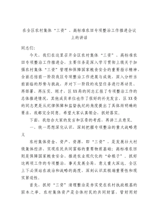 在全区农村集体“三资”、高标准农田专项整治工作推进会议上的讲话.docx