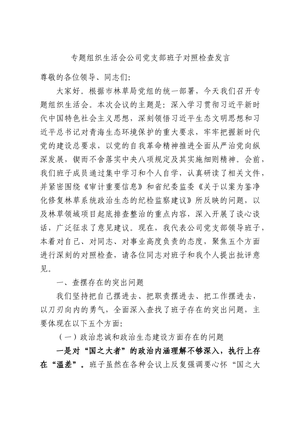 专题组织生活会公司党支部班子对照检查发言.docx_第1页