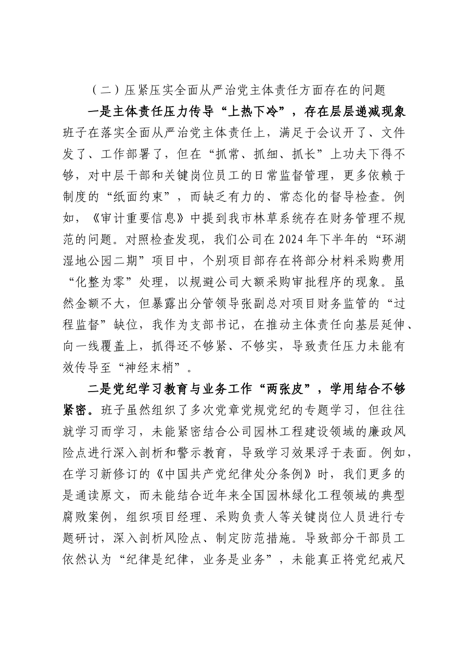 专题组织生活会公司党支部班子对照检查发言.docx_第3页