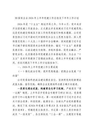 XX国有企业2026年上半年党建工作总结及下半年工作计划.docx