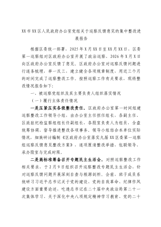 XX市XX区人民政府办公室党组关于巡察反馈意见的集中整改进展报告.docx