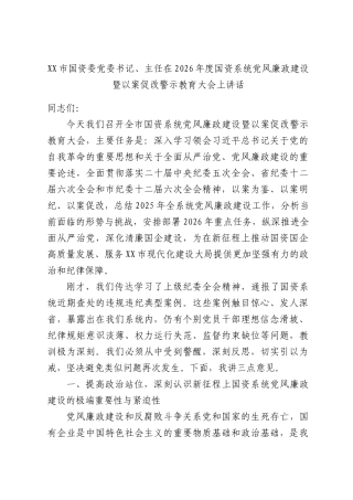 XX市国资委党委书记、主任在2026年度市属国企党风廉政建设暨集体约谈会上讲话.docx