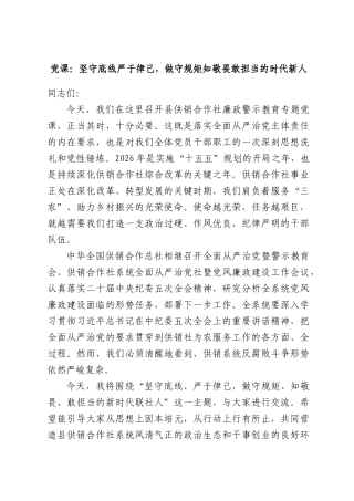 党课：坚守底线严于律己，做守规矩知敬畏敢担当的时代新人.docx