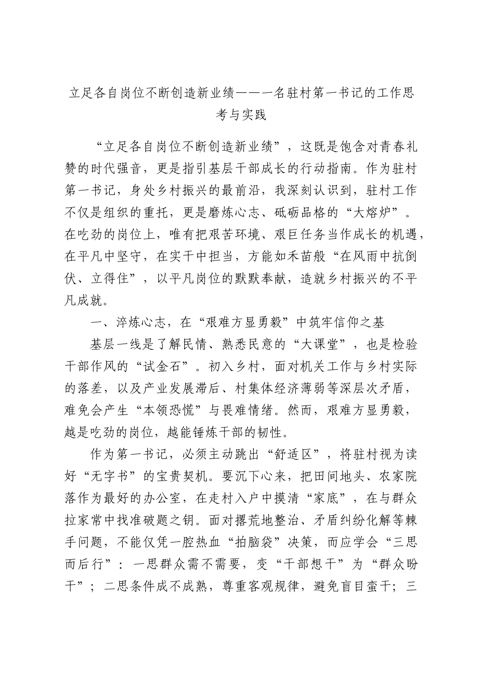 立足各自岗位不断创造新业绩——一名驻村第一书记的工作思考与实践.docx_第1页