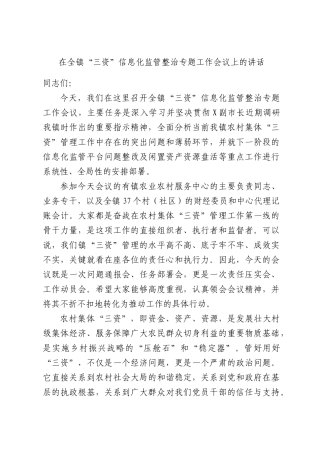 在全镇“三资”信息化监管整治专题工作会议上的讲话.docx