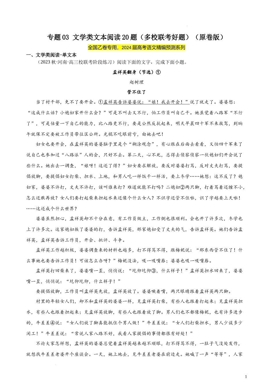 专题03 文学类文本阅读20题（多校联考好题）（全国乙卷） 新高考语文一轮复习题型专练（原卷版）.docx_第1页