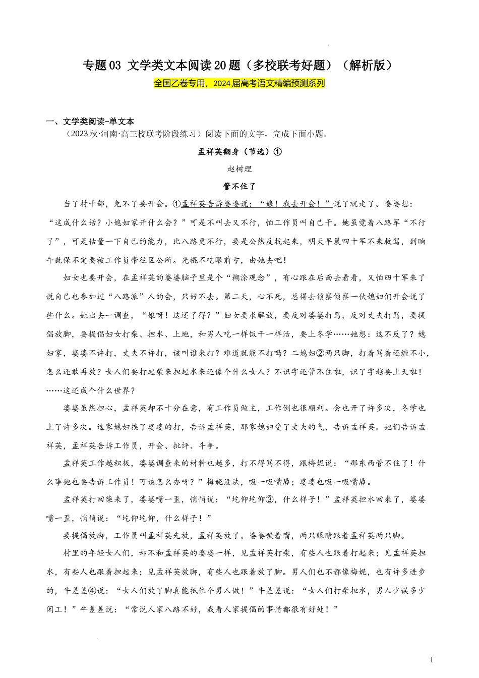 专题03 文学类文本阅读20题（多校联考好题）（全国乙卷） 新高考语文一轮复习题型专练（解析版）.docx_第1页