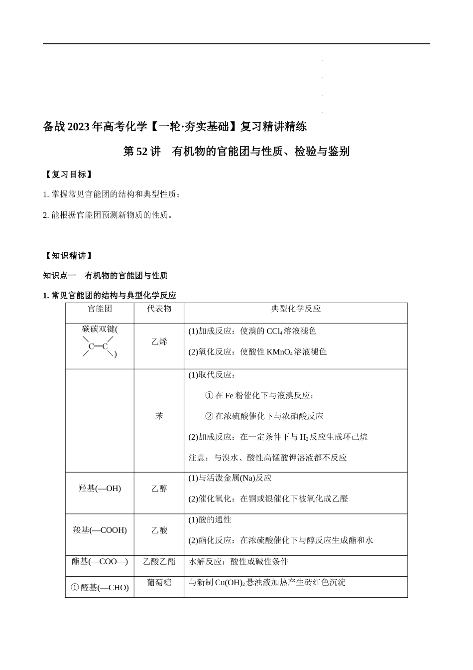 第52讲 有机物的官能团与性质、检验与鉴别（原卷版）- 高考化学【一轮·夯实基础】复习精讲精练.docx_第1页