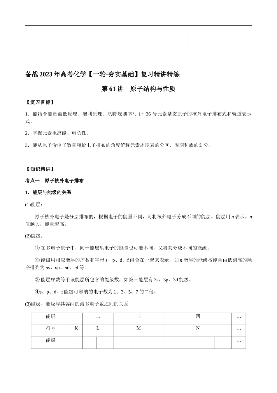 第61讲 原子结构与性质（原卷版） 高考化学【一轮·夯实基础】复习精讲精练.docx_第1页