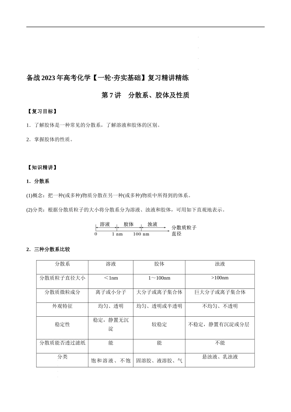 第7讲 分散系、胶体及性质（解析版）- 高考化学【一轮·夯实基础】复习精讲精练.docx_第1页
