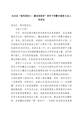 在全县“清风润初心 廉洁担使命”青年干部警示教育大会上的讲话.docx