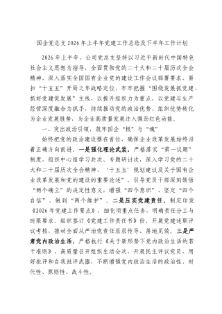 XX国企党总支2026年上半年党建工作总结及下半年工作计划.docx