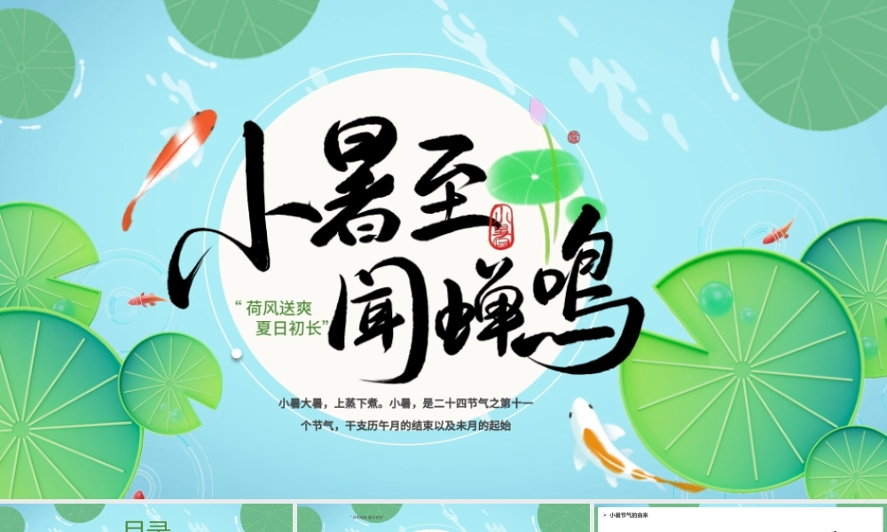 夏天夏季小暑大暑蓝绿色简约手绘小暑节气介绍 .pptx