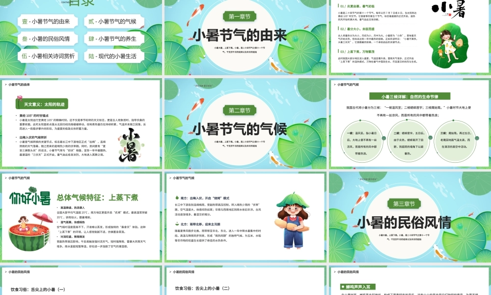 夏天夏季小暑大暑蓝绿色简约手绘小暑节气介绍 .pptx