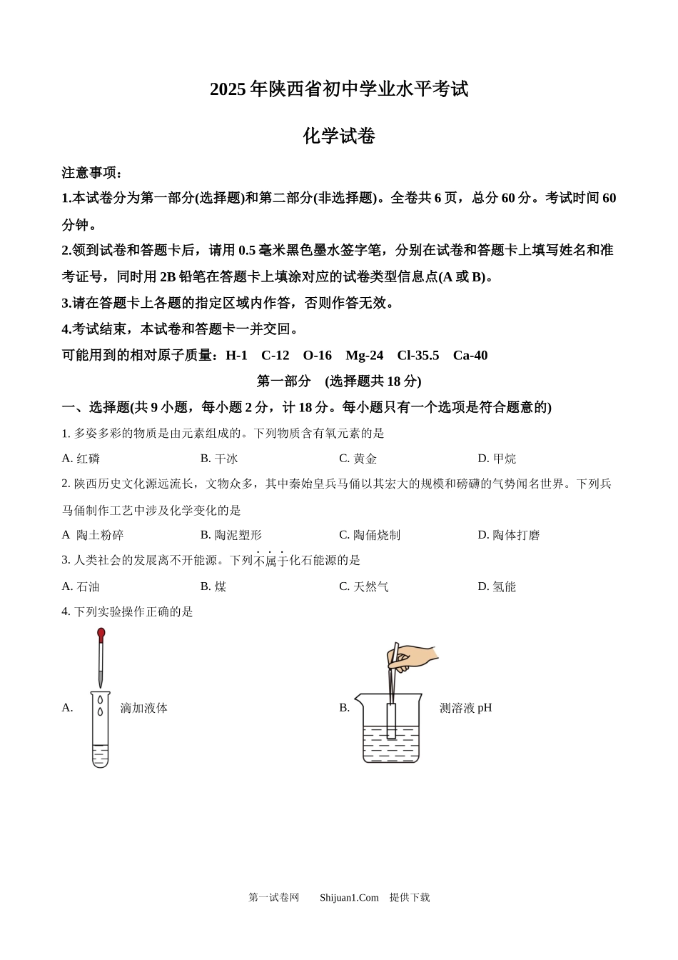 2025年陕西省中考化学真题.docx_第1页