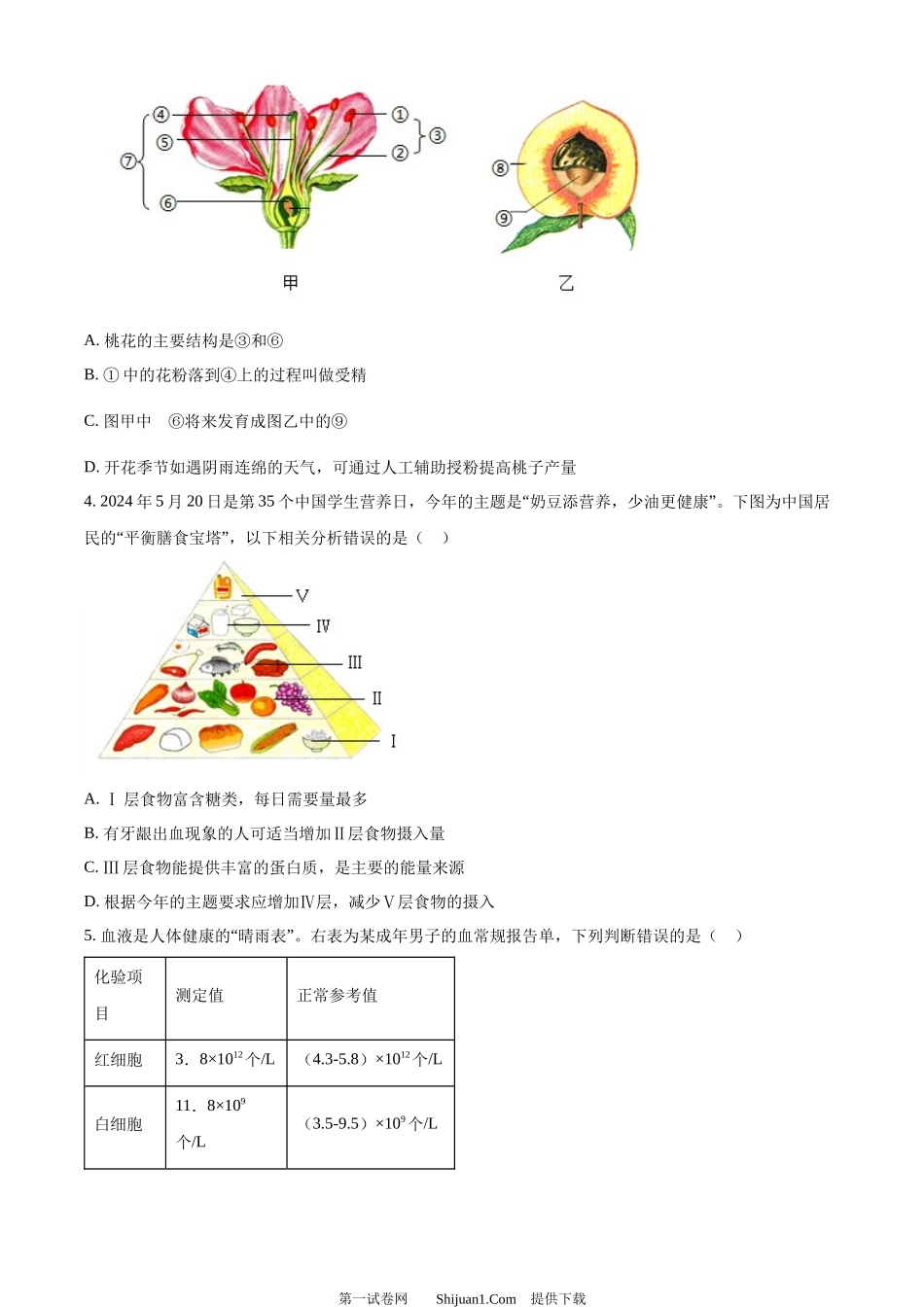 2024四川省南充市中考生物真题.docx_第2页