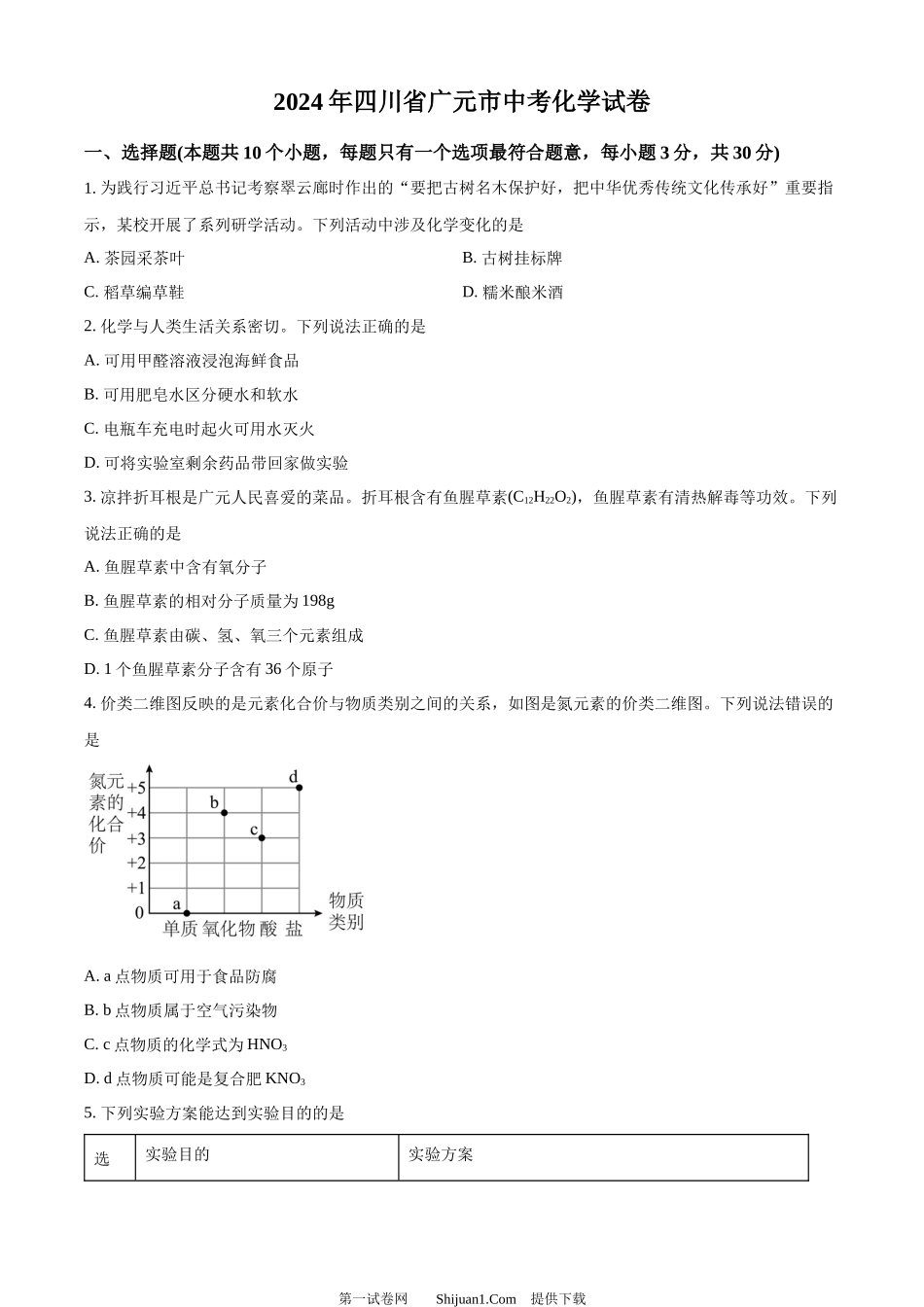 2024年四川省广元市中考化学真题.docx_第1页