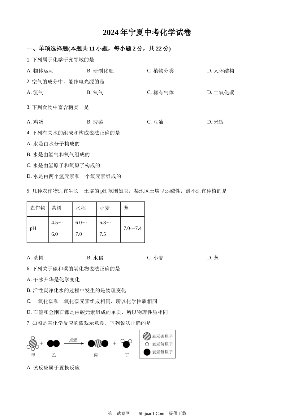 2024年宁夏中考化学真题.docx_第1页