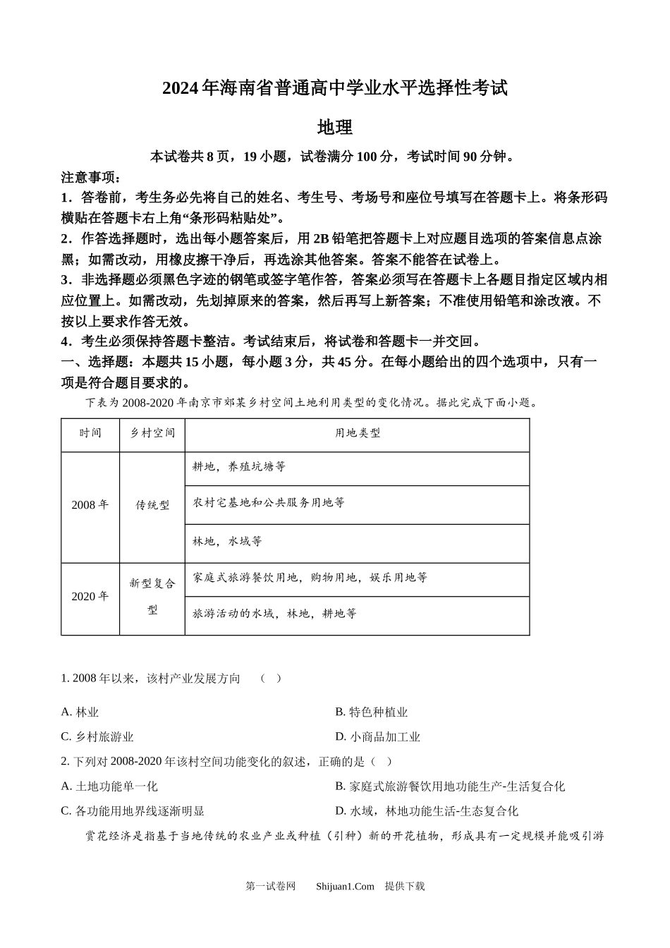 2024年高考地理试卷（海南）.docx_第1页